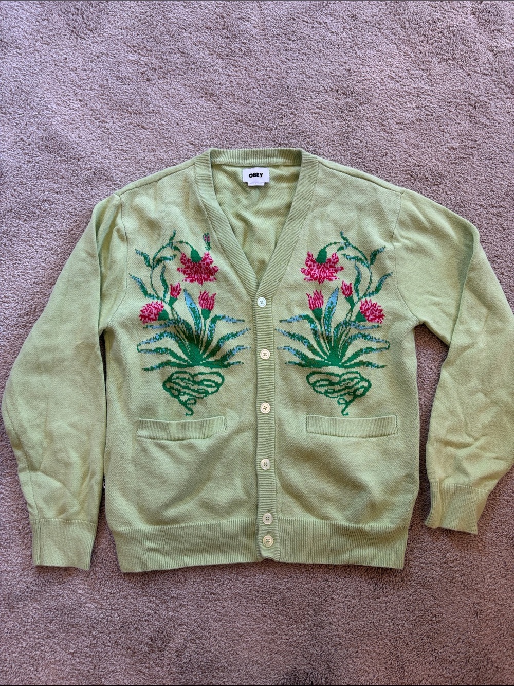 Obey Light Green Floral Button-Up Cardigan